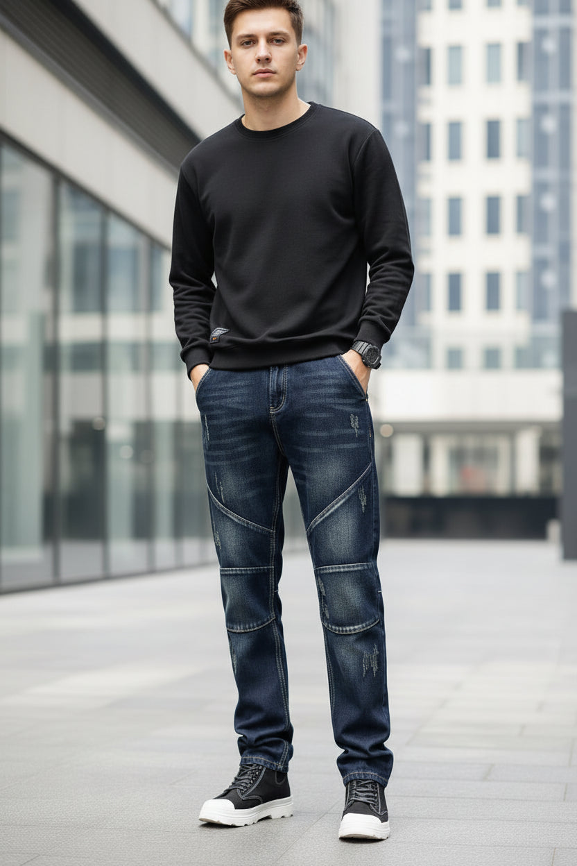 Person wearing dark blue jeans with patches on a blurred background