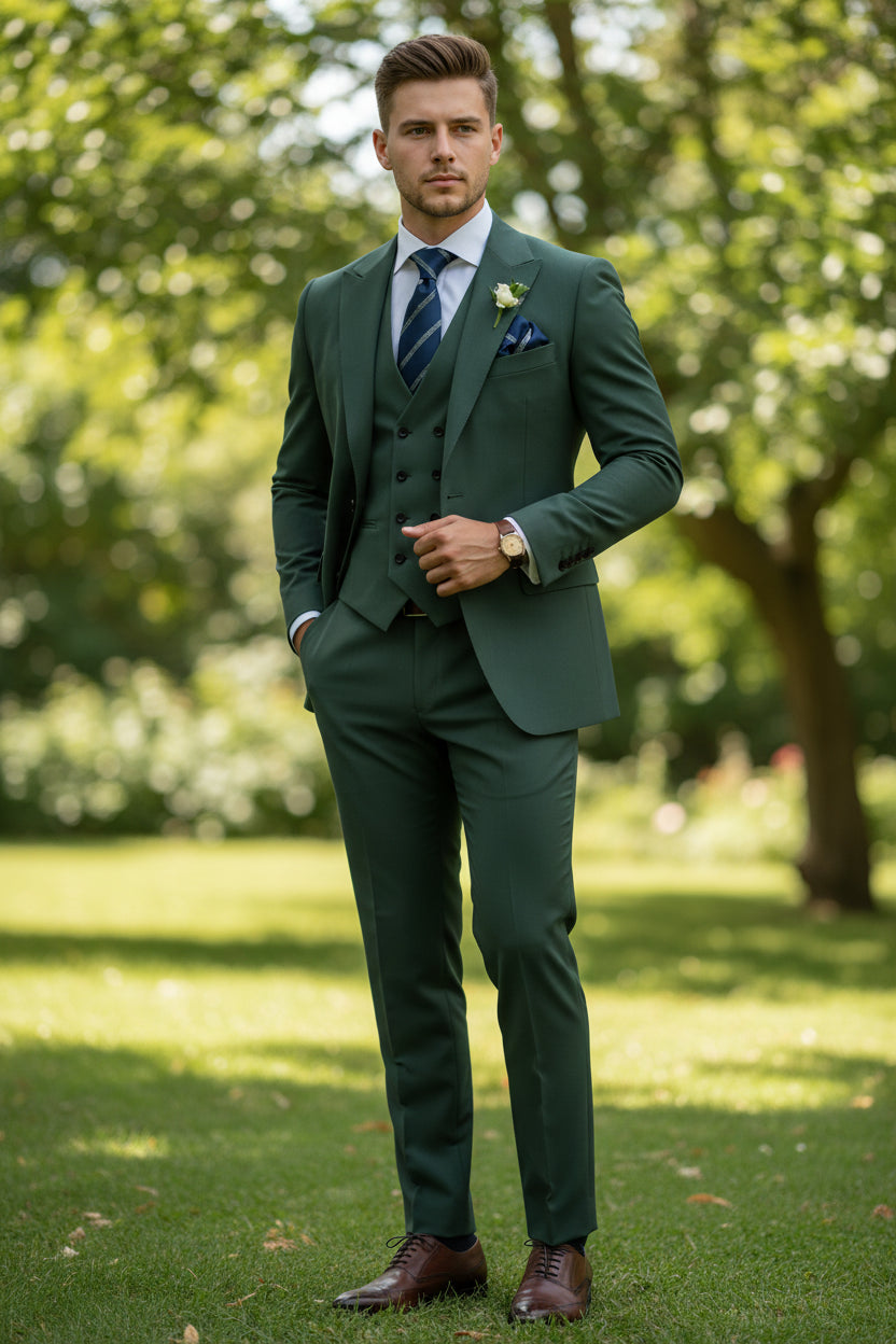 Green suit with striped tie and pocket square on a white background