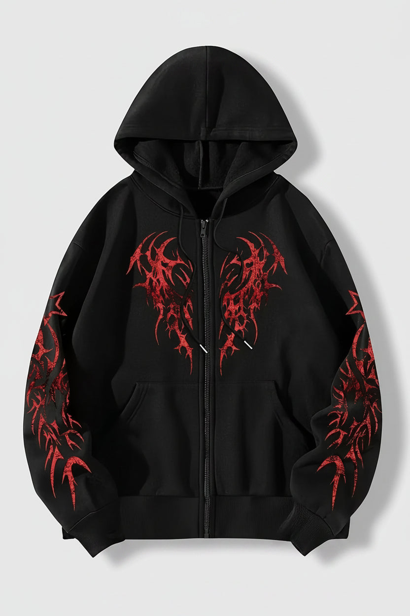Black hoodie with red tribal designs on sleeves against a light gray background