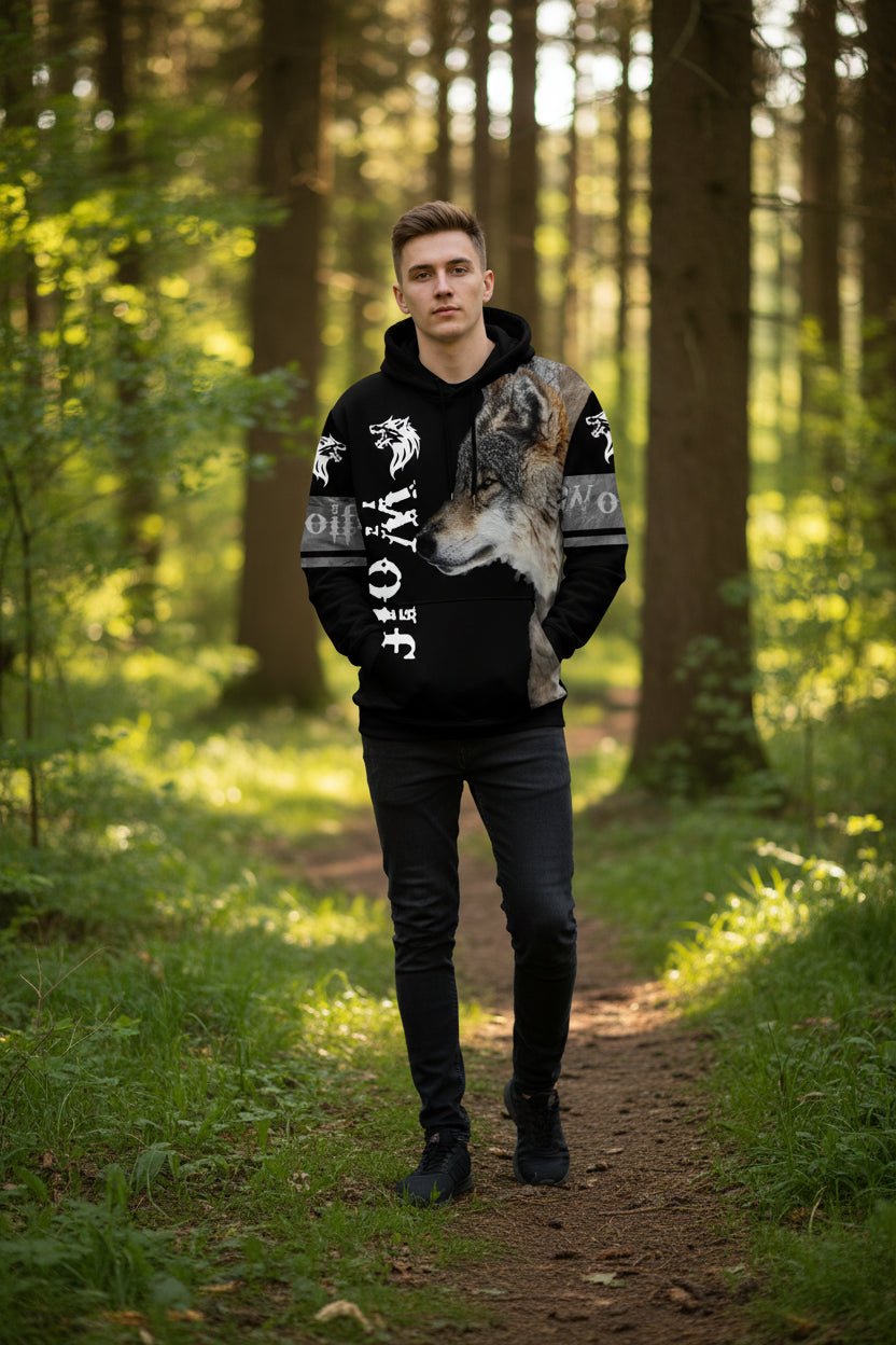 Black hoodie with a wolf design and visible branding on a white background