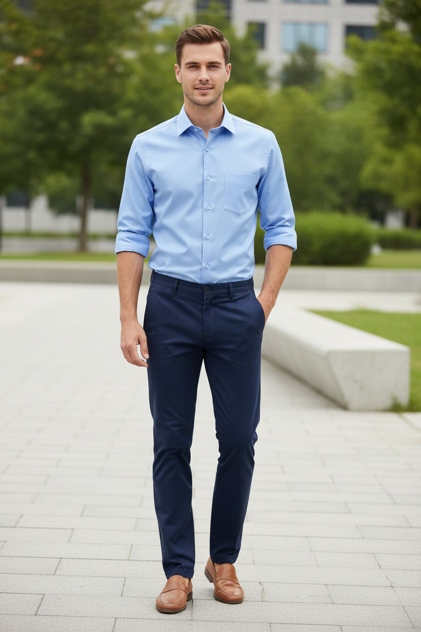 Men's Long-Sleeved Business Casual Shirt - Solid Color Striped Plaid