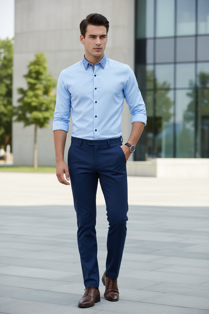 Light blue dress shirt with patterned collar on a white background