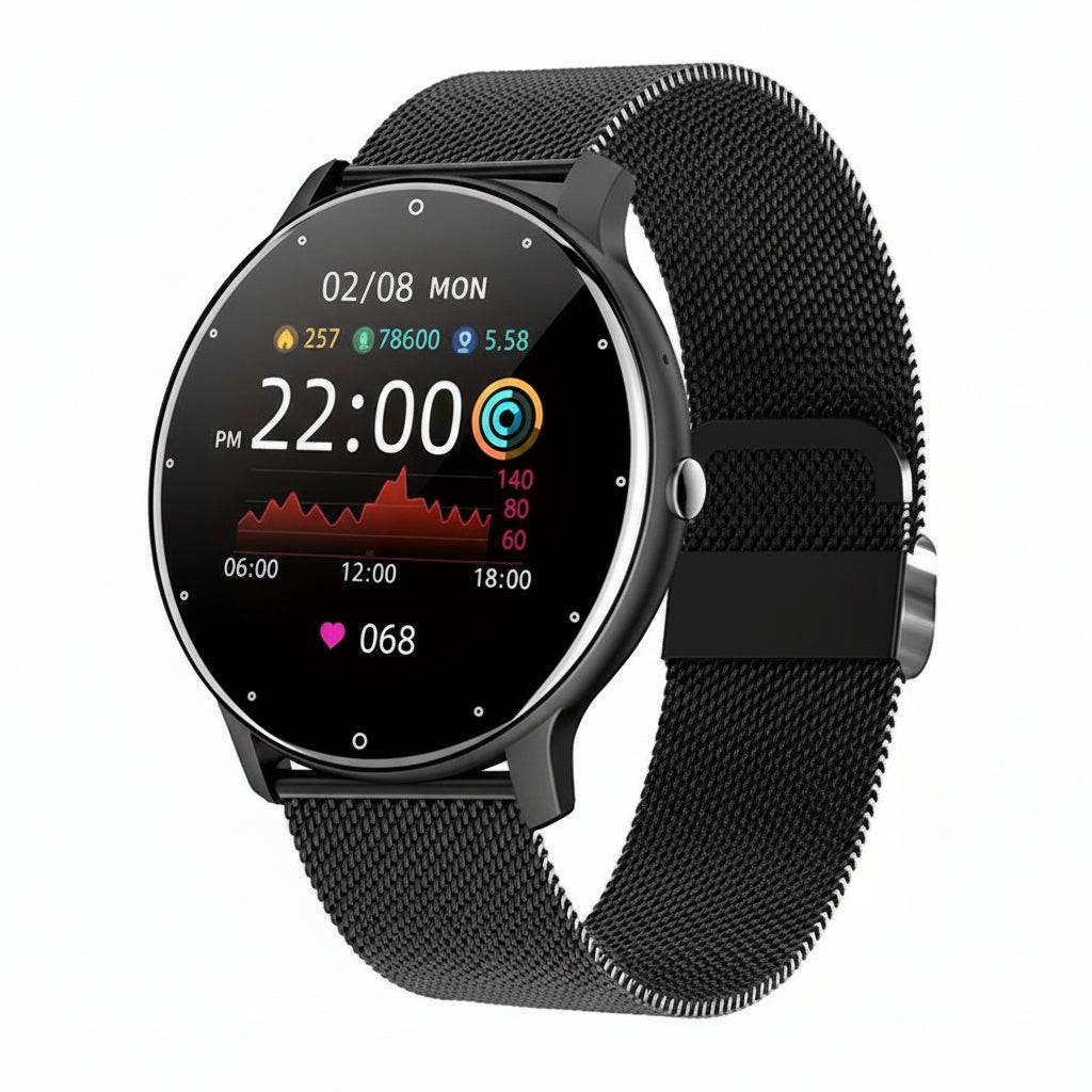 Smartwatch with black band and additional band on a white background