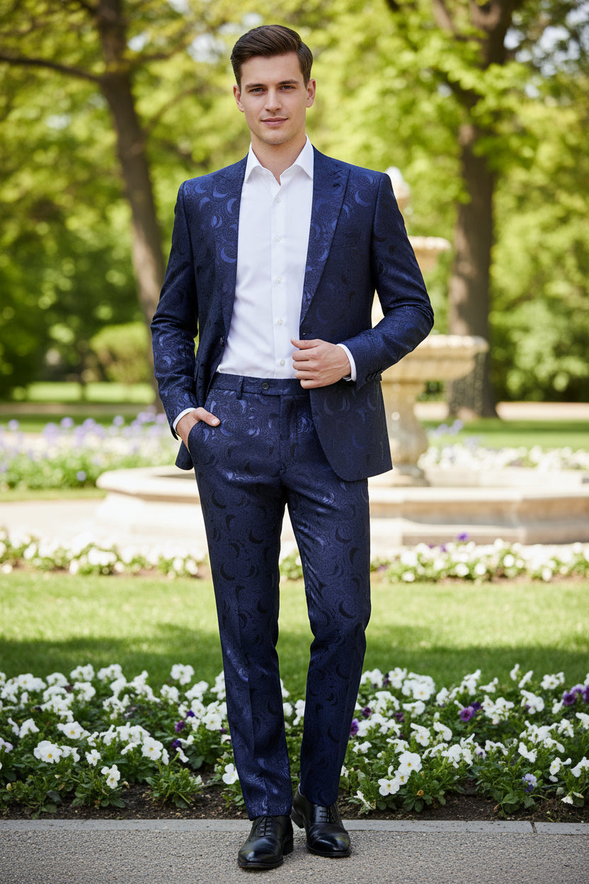 Navy blue pants with moon pattern on a white background