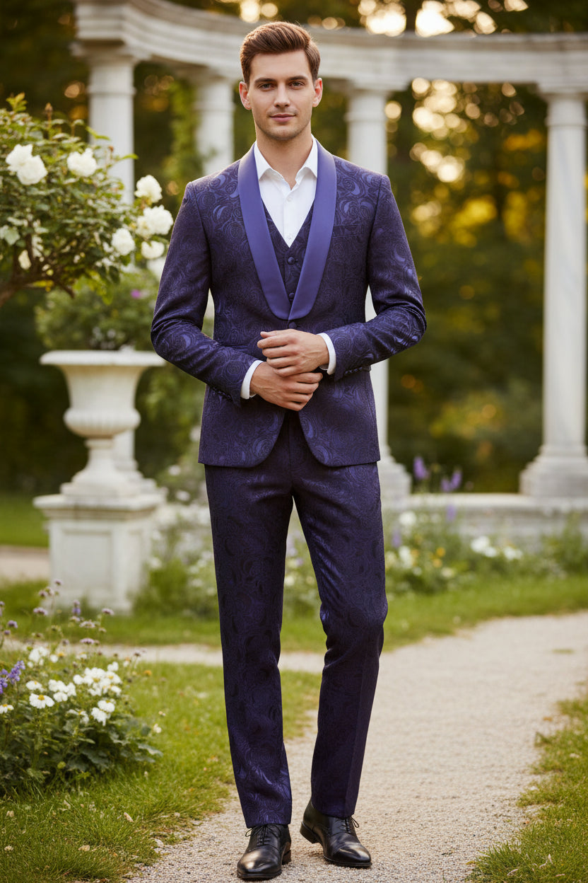Purple patterned suit with jacket, vest, and pants on a white background