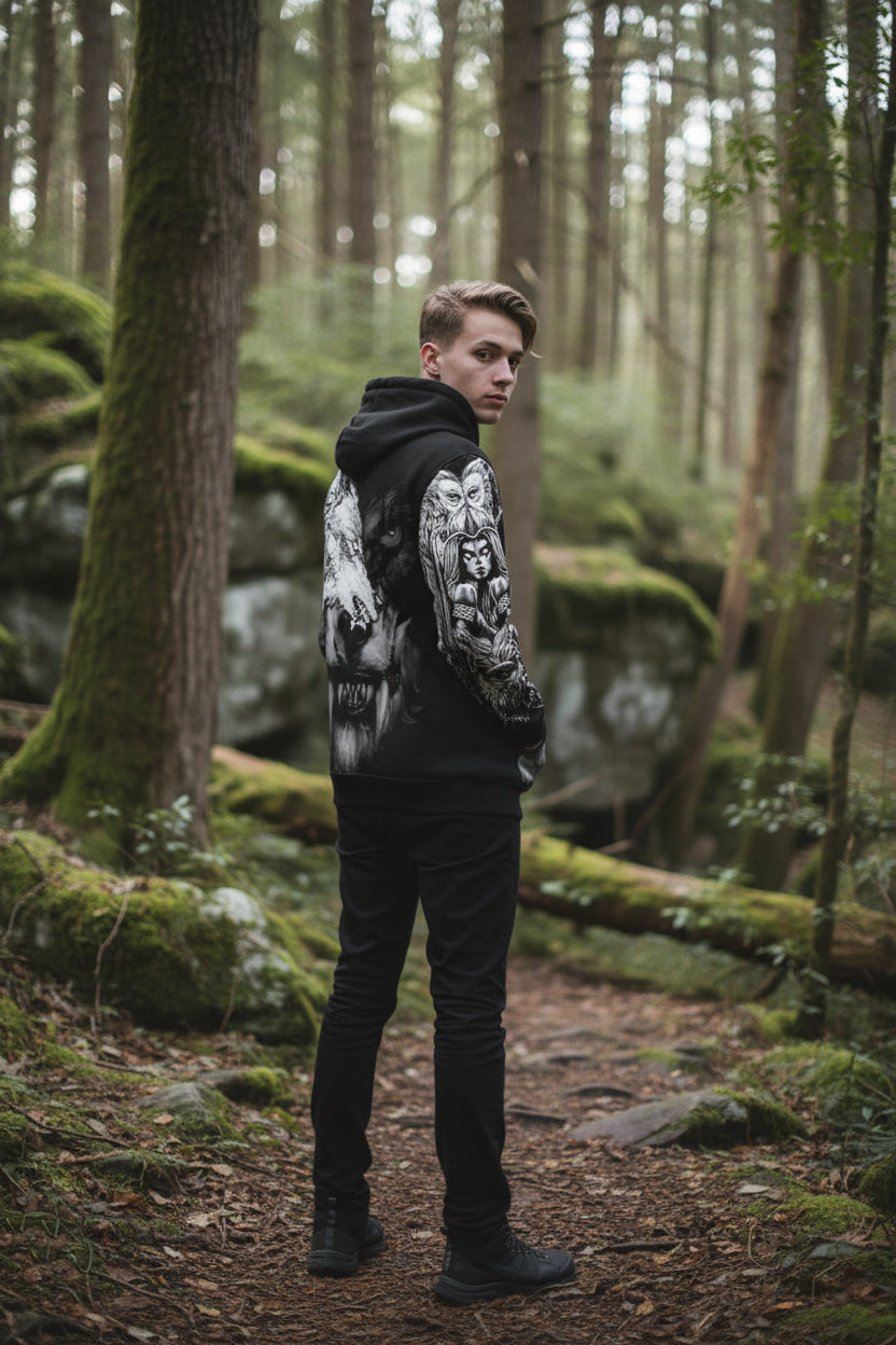 Black hoodie with a graphic of a wolf's face and a woman's face on a white background