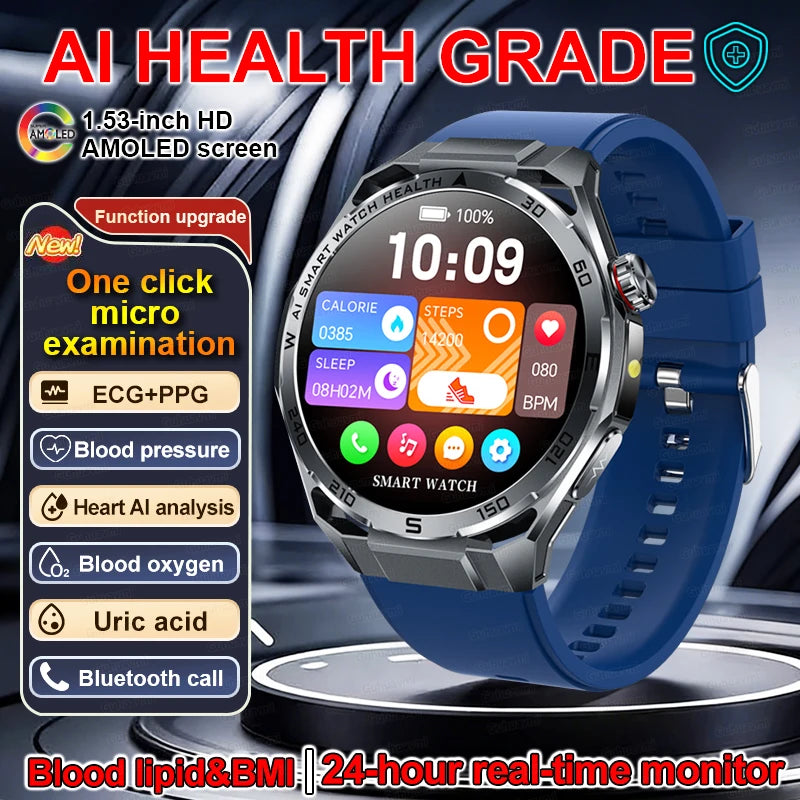 Smartwatch with blue band and detailed feature list on a dark background