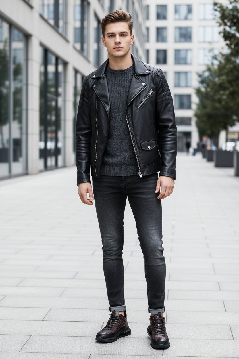 Brown leather shoes with black laces held by a hand on a reflective surface.