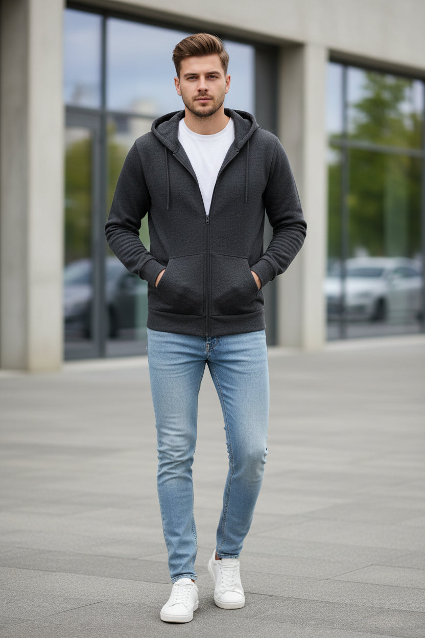 Dark gray hoodie with a zipper on a white background