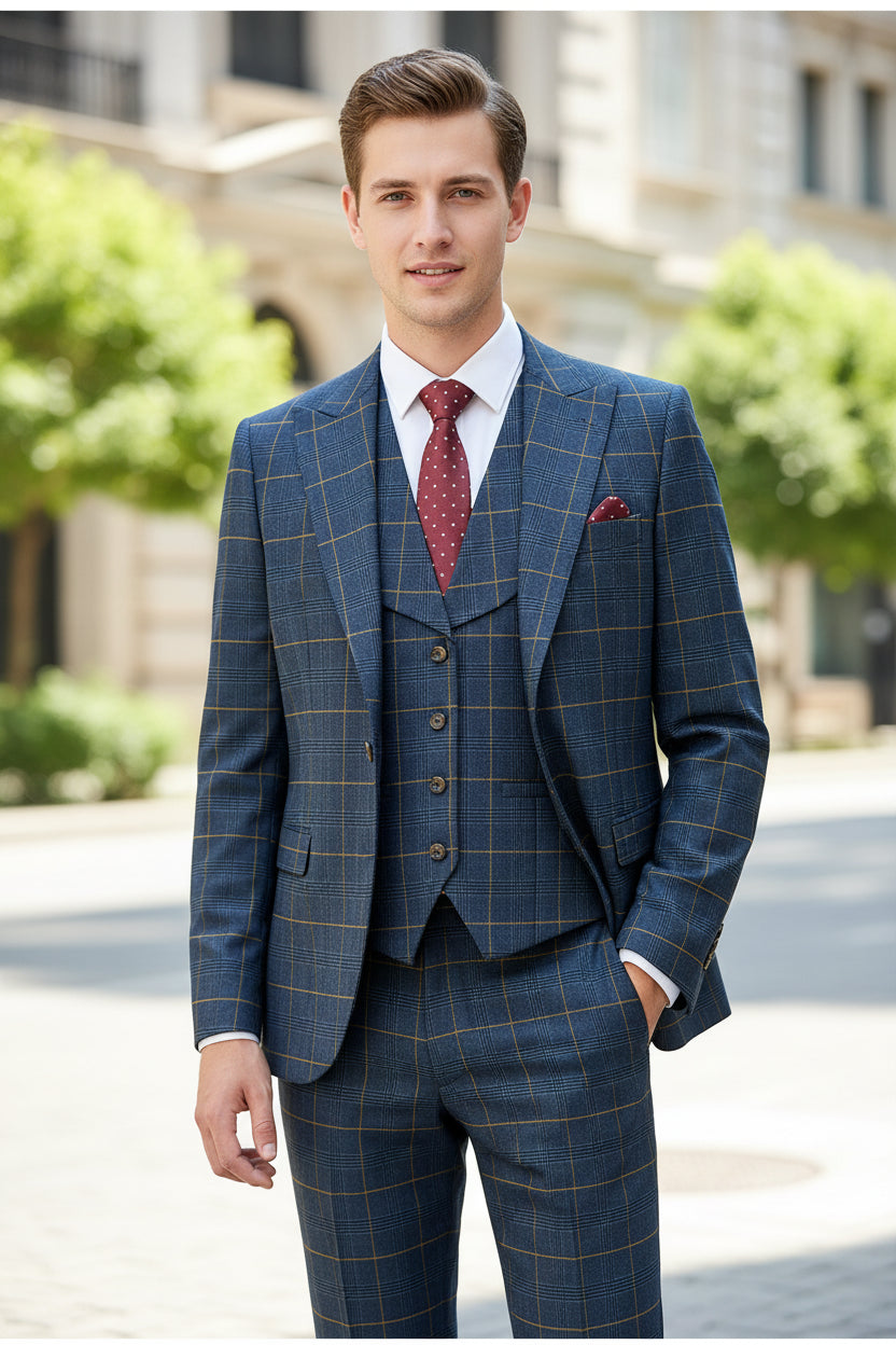 Blue checkered suit on a mannequin against a brown curtain background