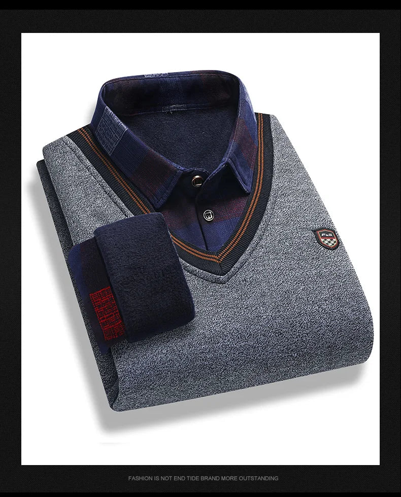 Vintage Plaid Sweater Pullover Men Thick Warm Knitwear Winter Autumn Clothing Patchwork Men's Fleeced Polo Collar Pullovers