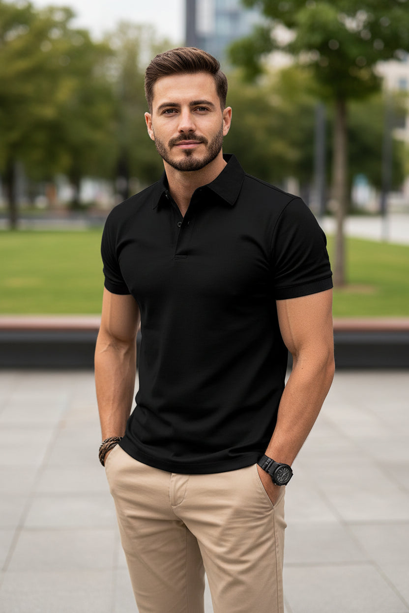 Man wearing a black polo shirt and beige pants on a white background