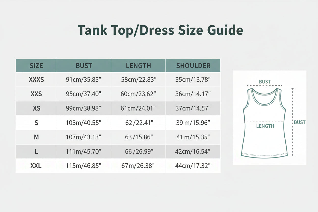 Measurement chart for a tank top with size chart and dimensions.