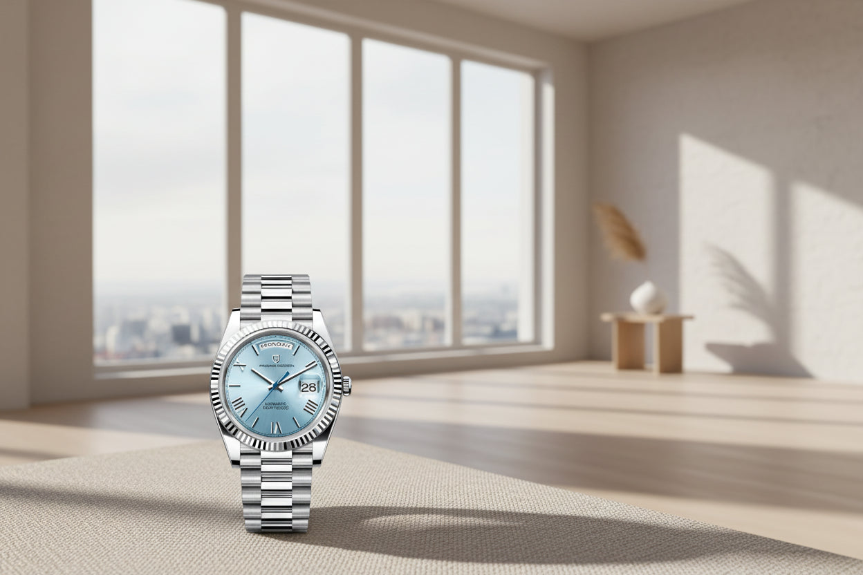 Silver watch with blue face and detailed mechanism on a white background