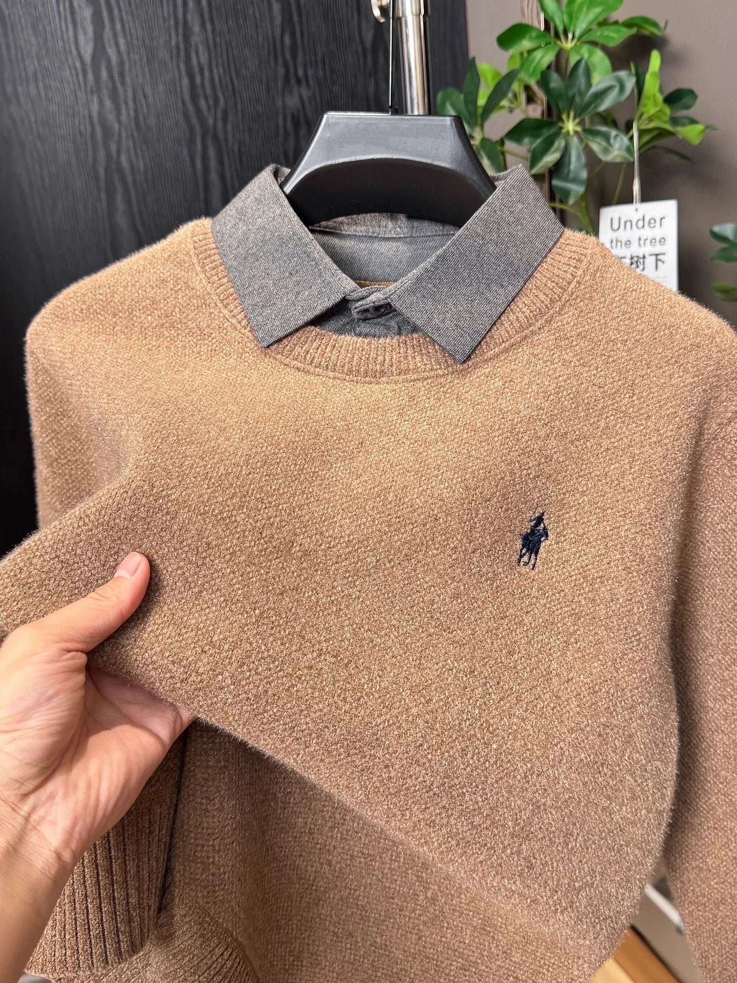 High end trendy pony embroidery men's sweater luxury brand fashion Paul winter velvet warm striped shirt collar knitted pullover