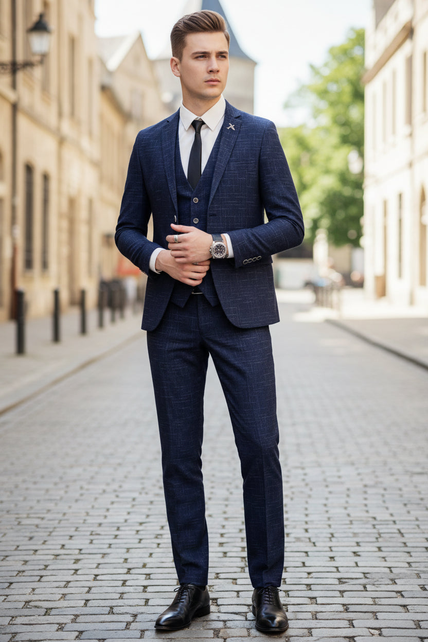 Person wearing a blue checkered suit sitting on a chair.
