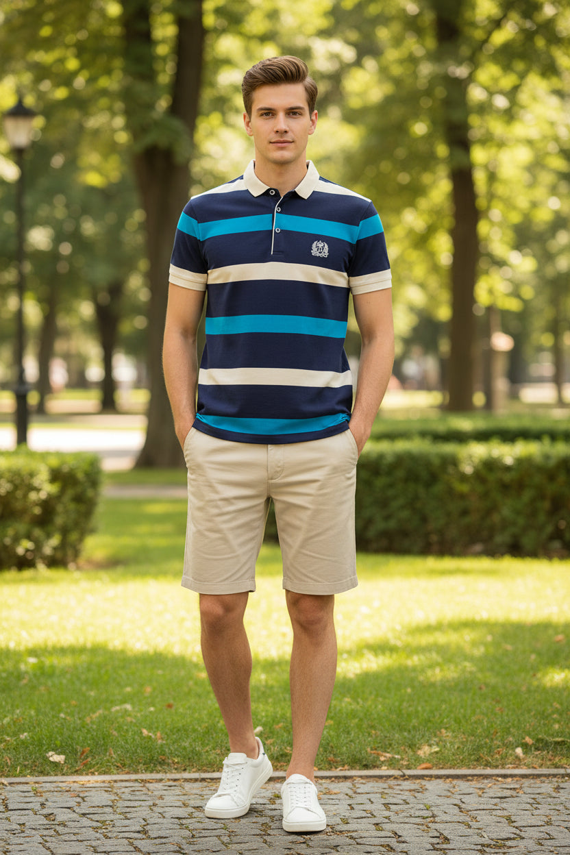 Navy and blue striped polo shirt with a logo on a white background