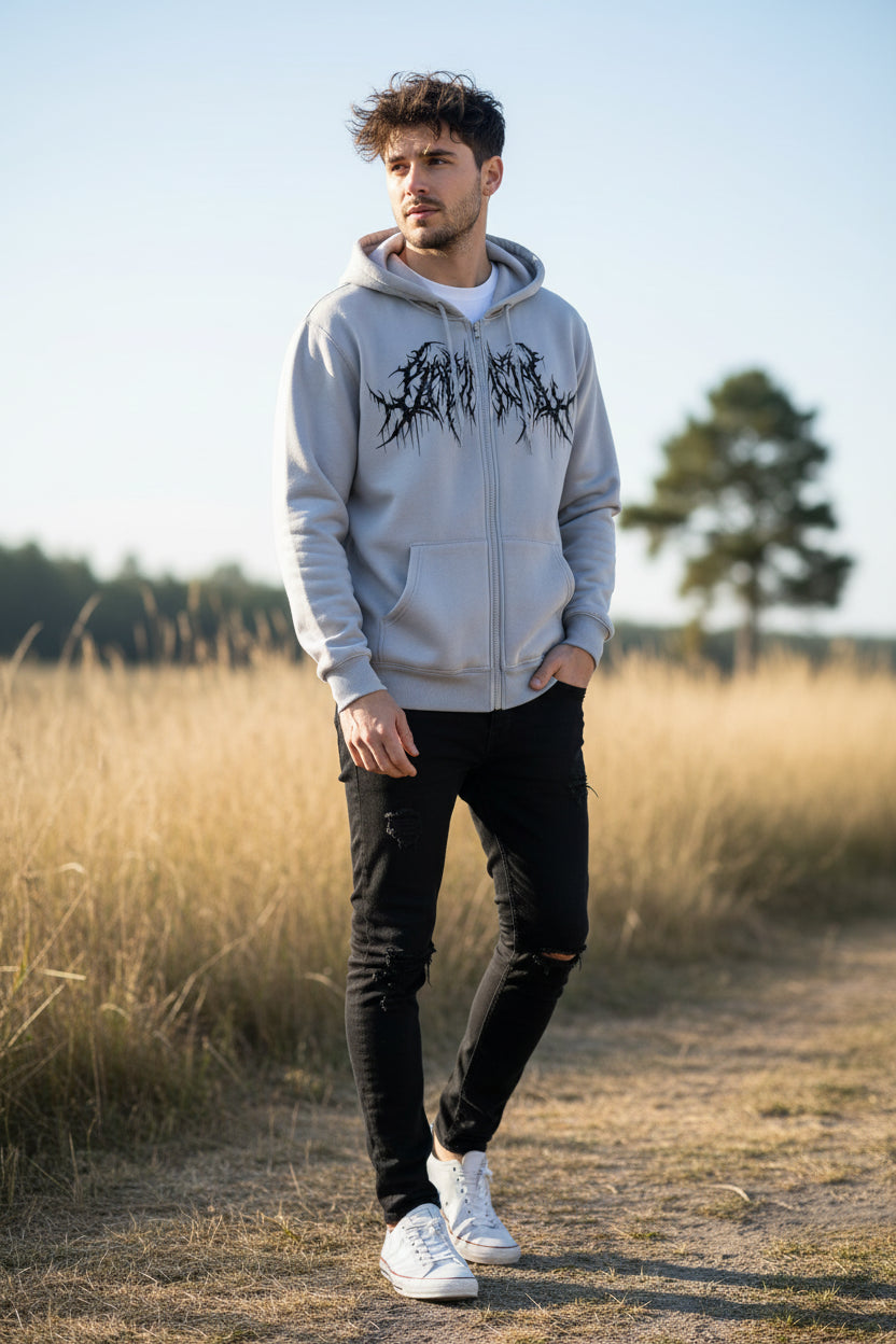 White hoodie with black graphic design on a white background