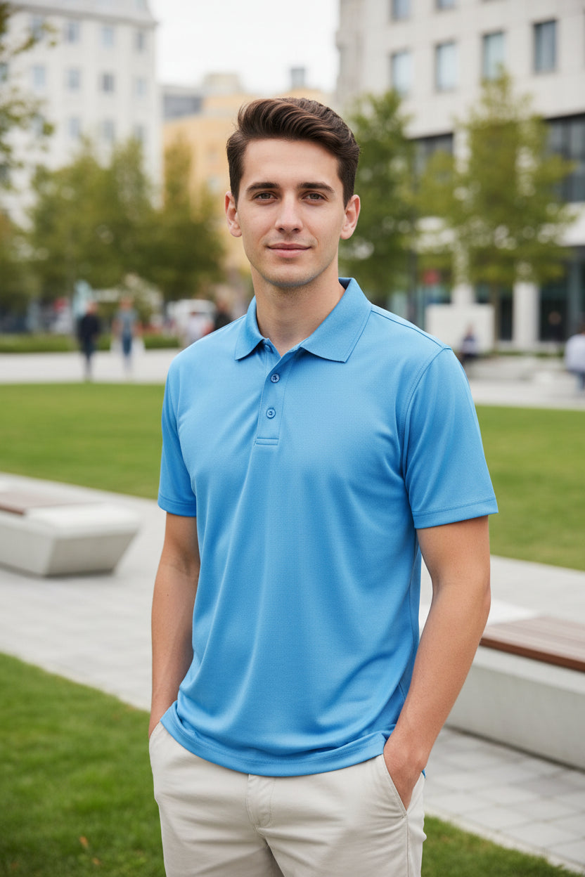 Blue polo shirt on a white background