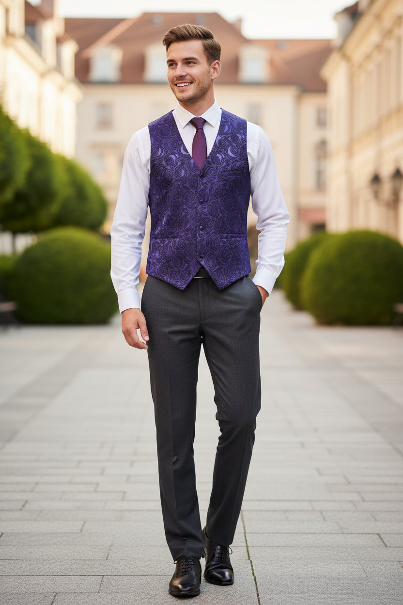 Navy blue patterned vest on a white background