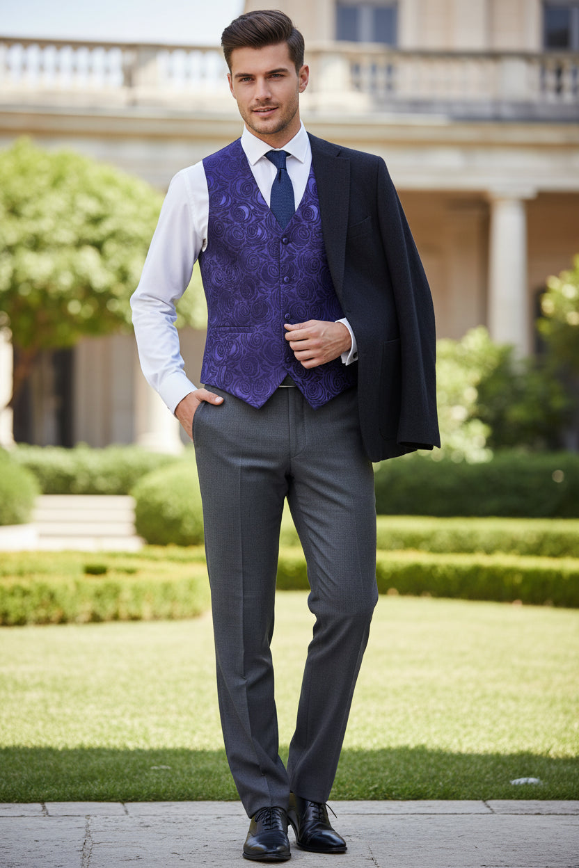 Navy blue patterned vest on a white background