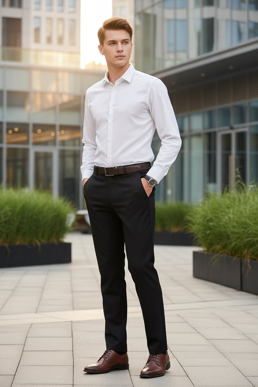 Black dress pants worn with a white shirt and brown shoes on a gray background