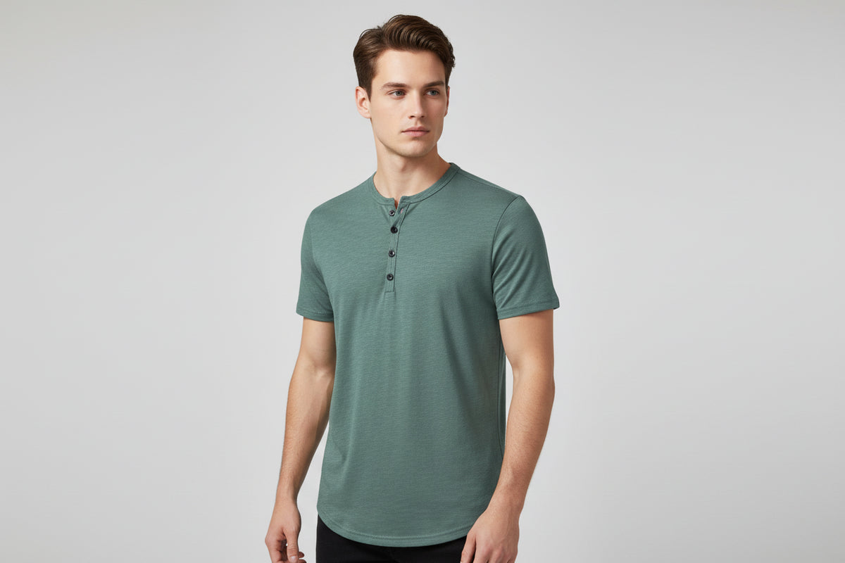 Green short-sleeve henley shirt on a white background