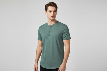 Green short-sleeve henley shirt on a white background
