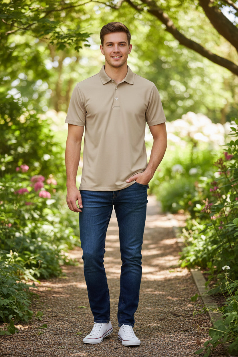 Beige polo shirt on a white background