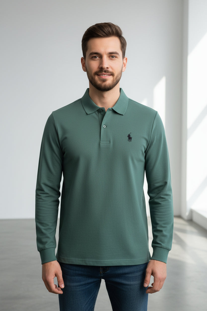Teal polo shirt with a brand logo on a hanger in a clothing store.