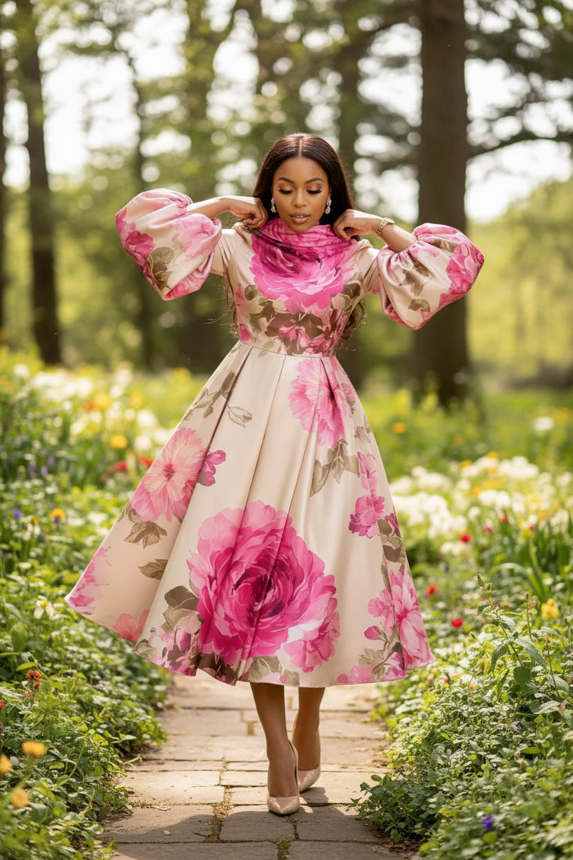 Stylish Women's Flower Print Maxi Dress with Stand Collar and Puff