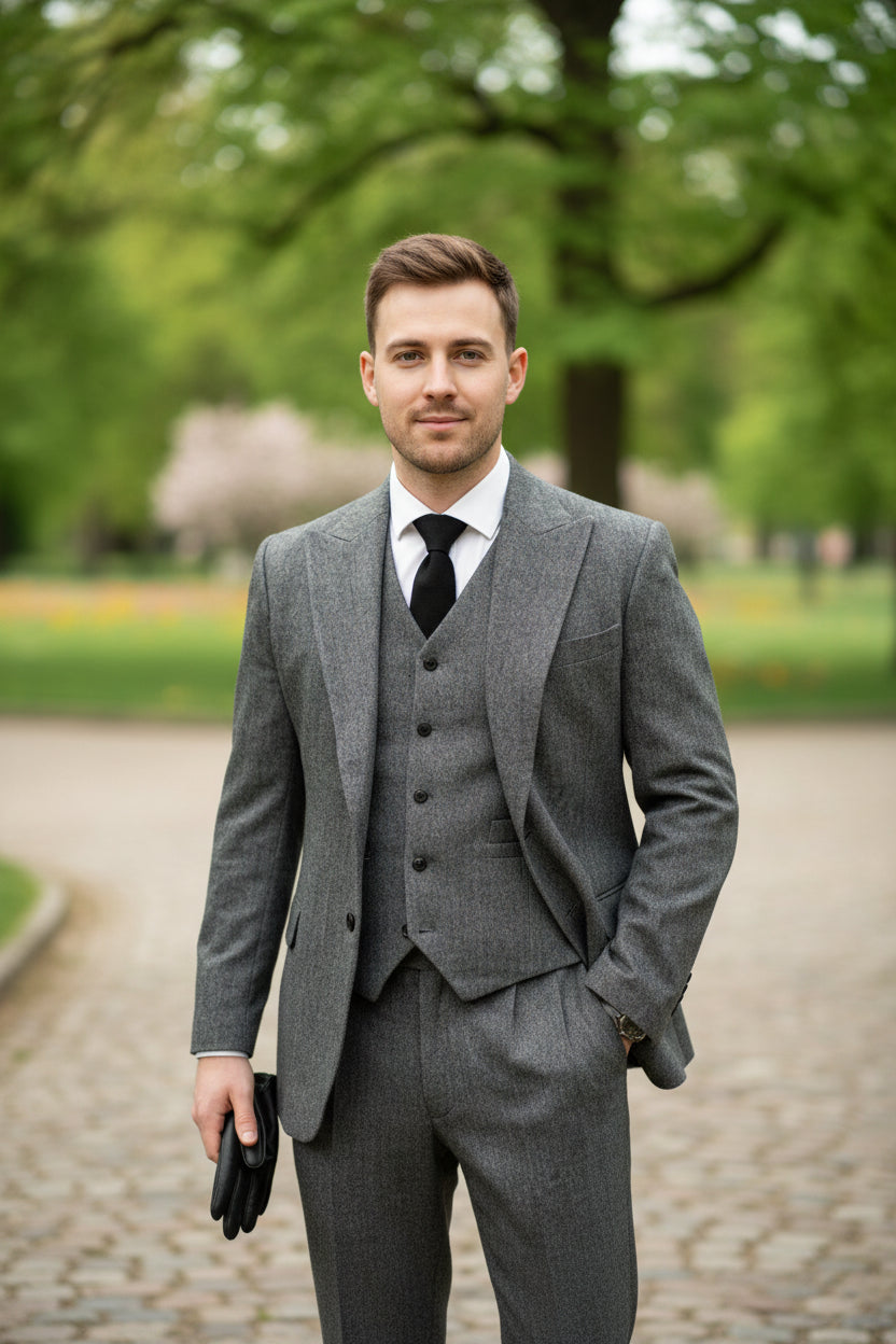 Gray suit with a white shirt and black tie against a blurred background