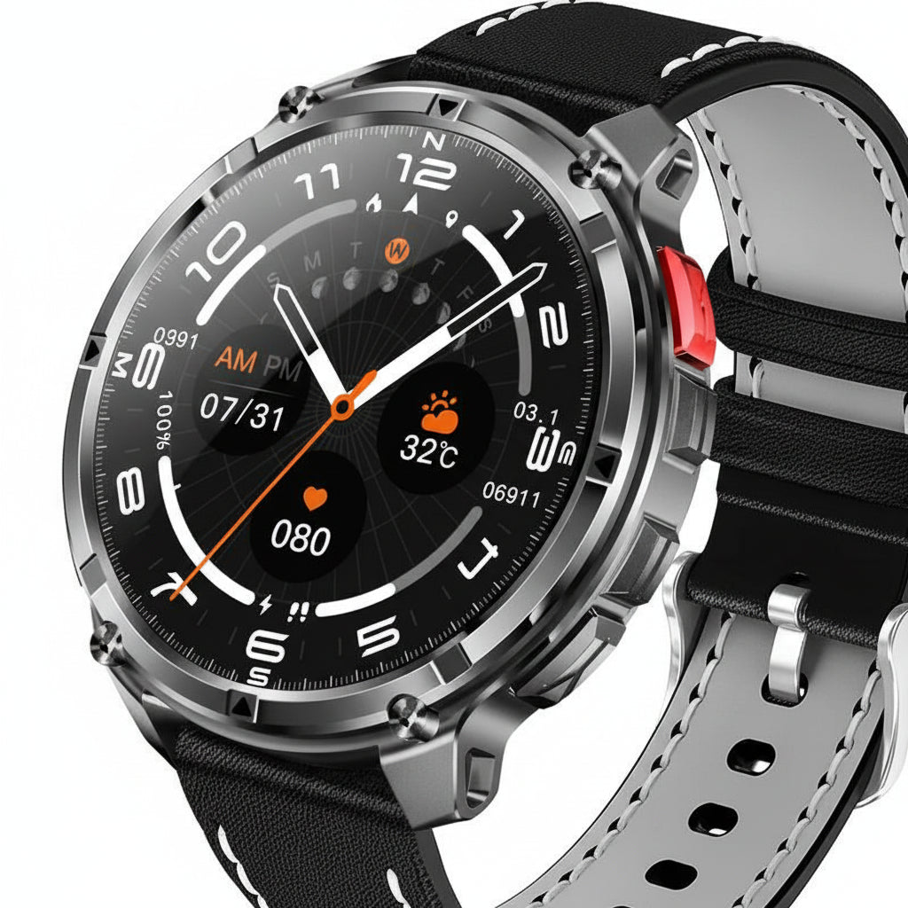Smartwatch with black strap and gray case, featuring multiple functions and specifications on a white background.