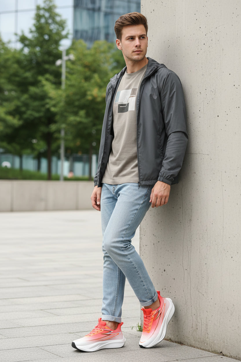 Pair of red and white running shoes with a gray background