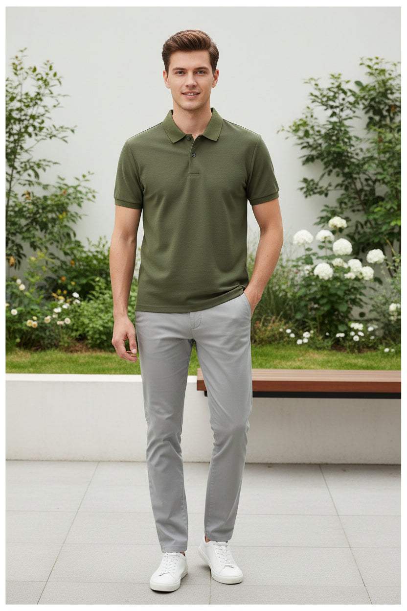 Green polo shirt on a hanger with other shirts in the background