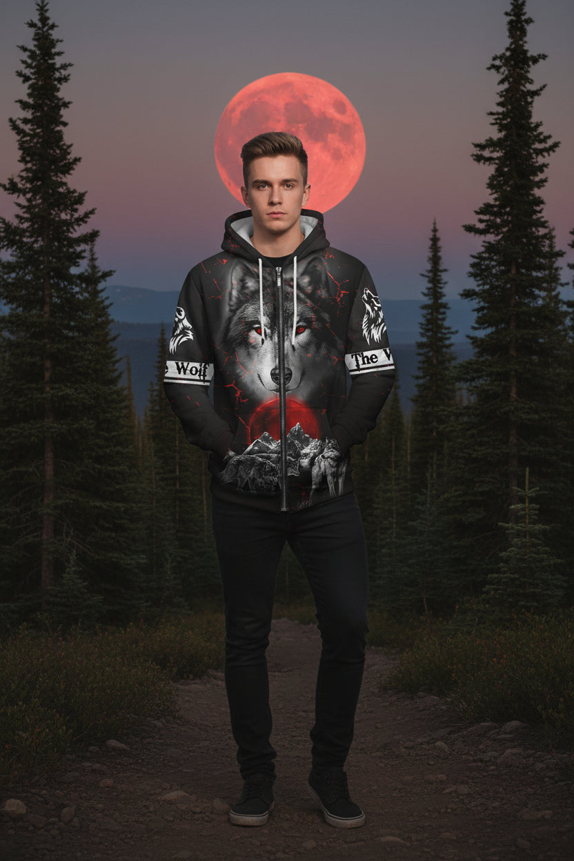 Black hoodie with wolf design and red moon on a white background