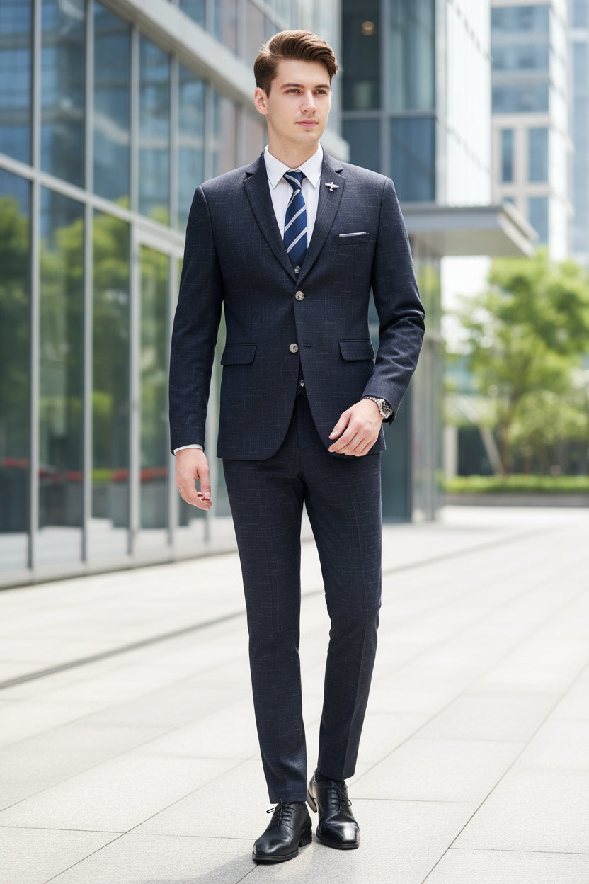 Person wearing a dark suit with a tie in a modern living room.