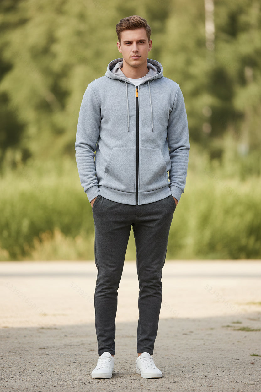 Gray hoodie with a yellow zipper pull on a white background