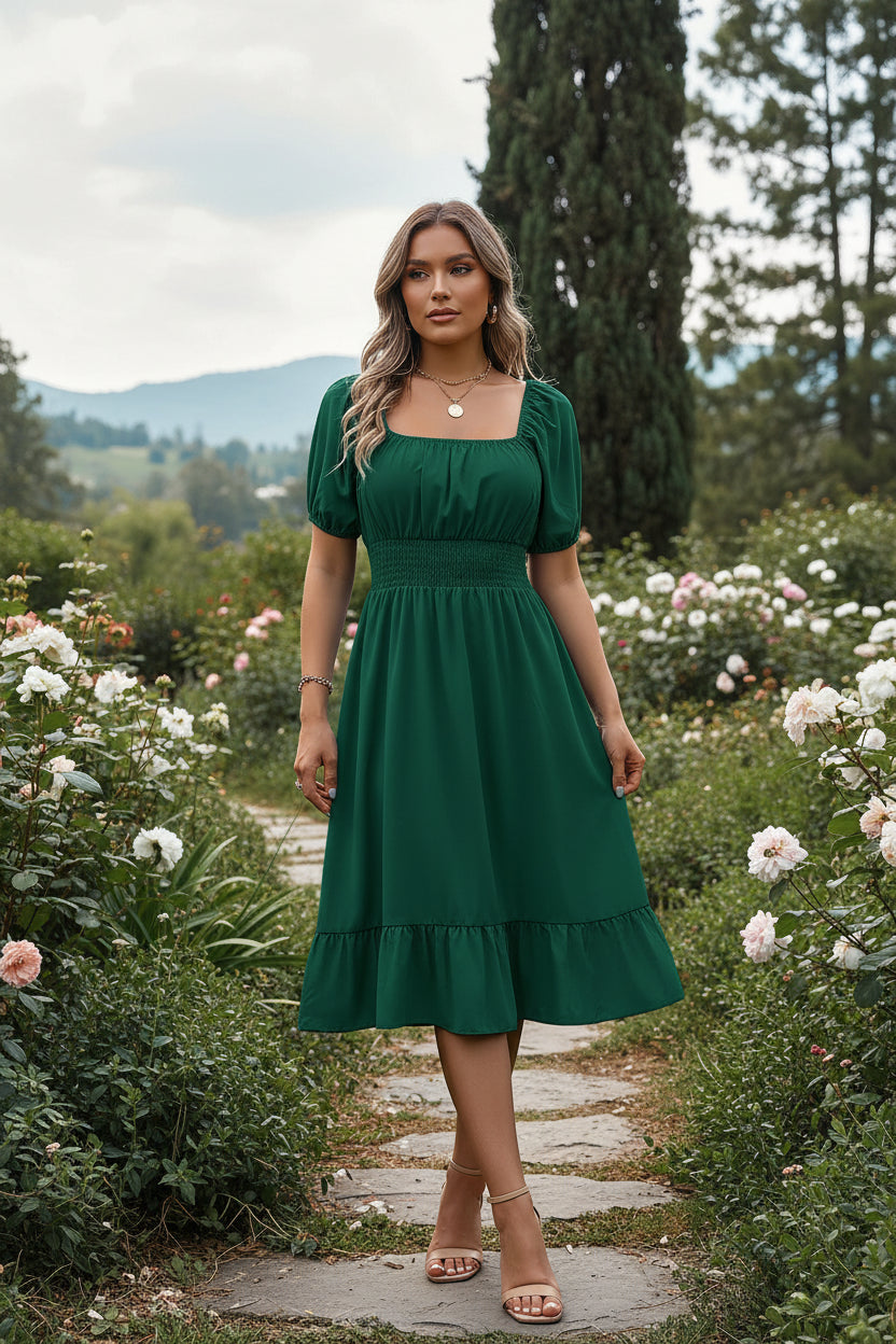 Green dress with puff sleeves worn by a person in a room with a plant and bed.