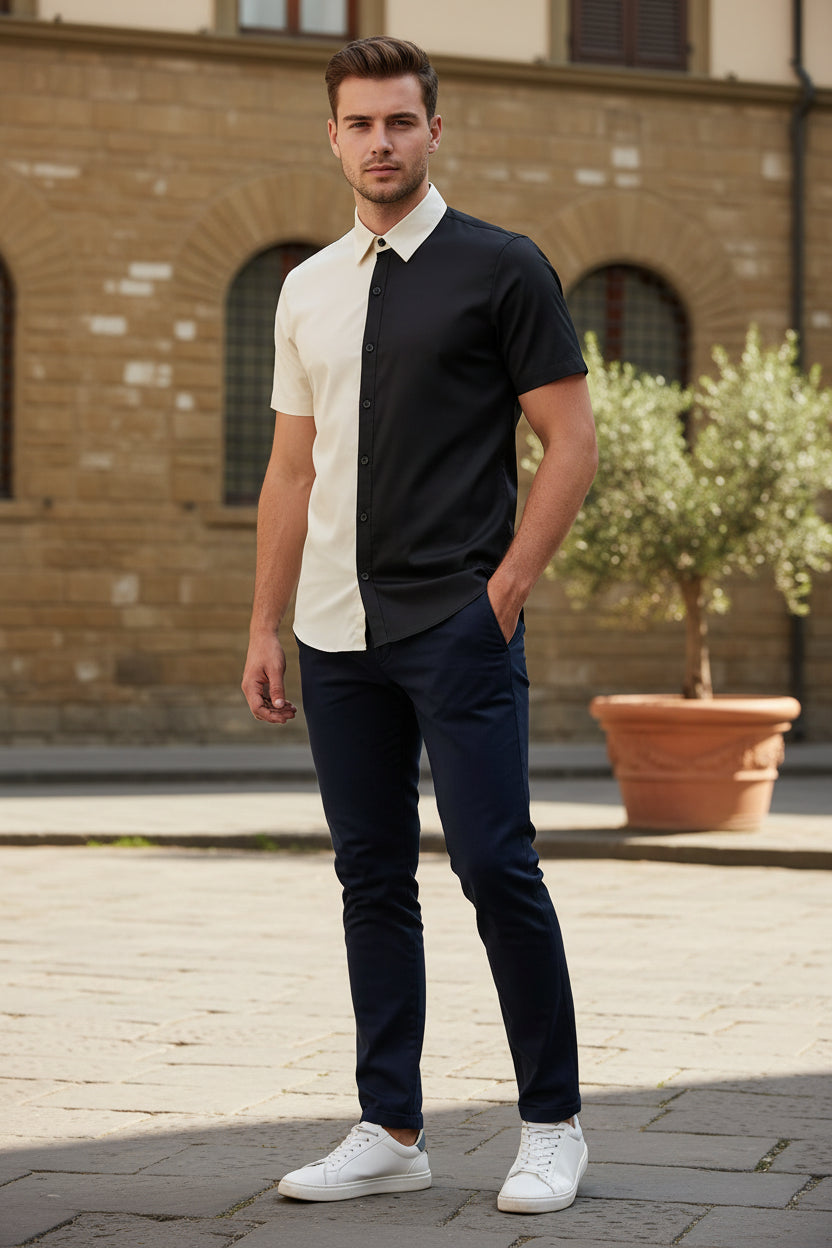 Black and white short-sleeve shirt with button details on a white background