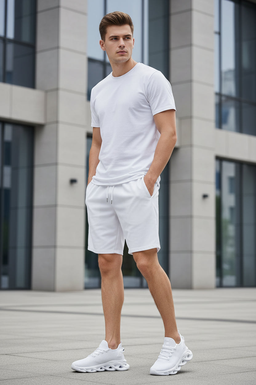 White sneakers with a brand logo Young man wearing sneakers outside