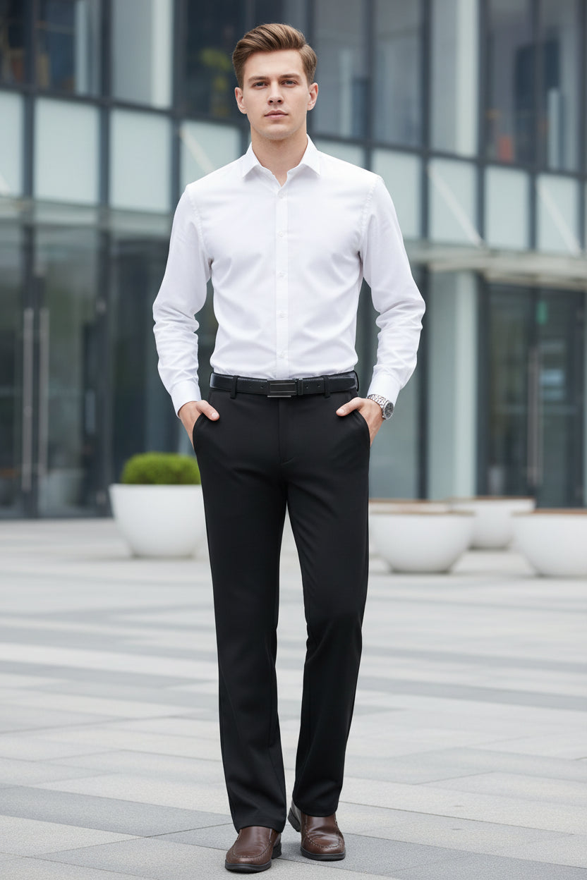 Black pants displayed on a model with a close-up of the back pocket on a white background.
