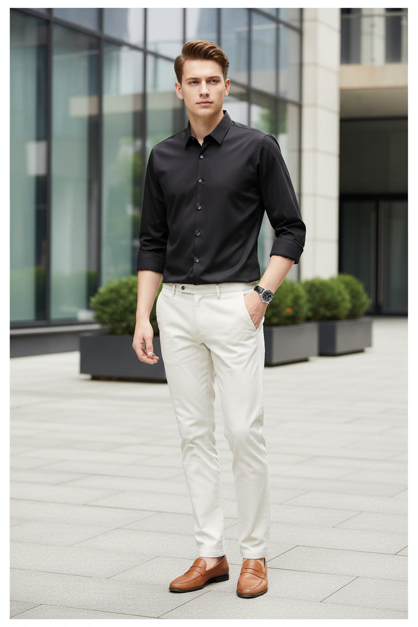 Black dress shirt worn by a person on a black background