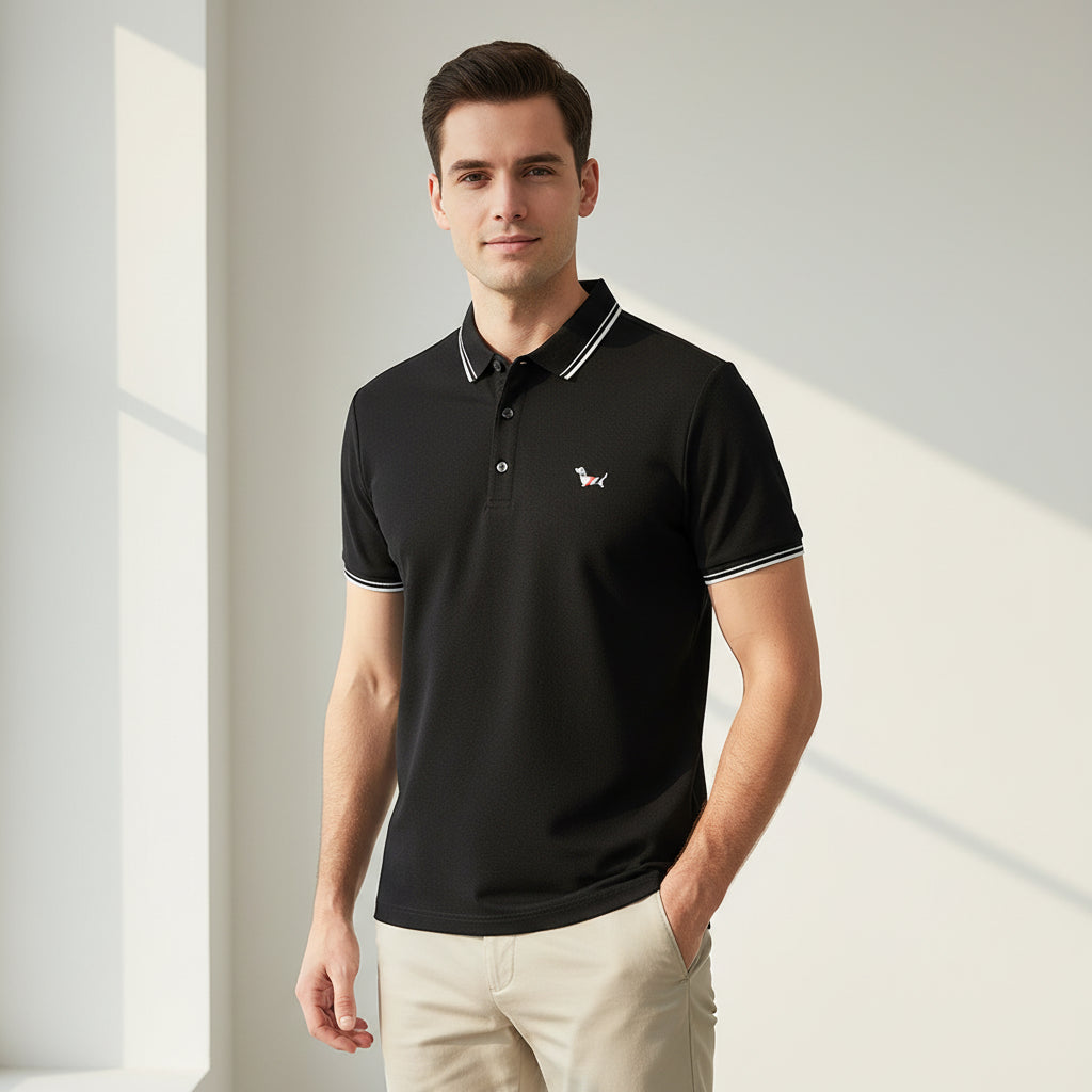 Black polo shirt with a red logo on a rack of clothes