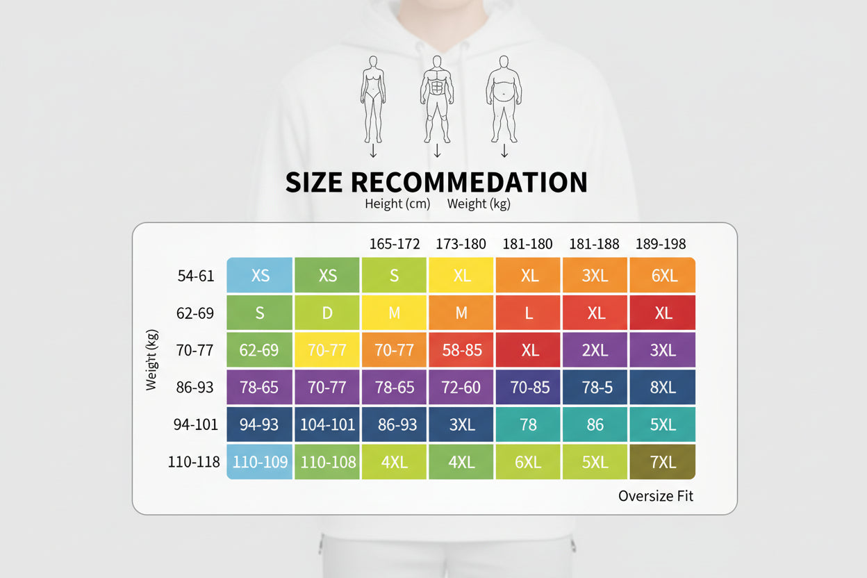 Size recommendation chart for jackets and vests with height and weight ranges.