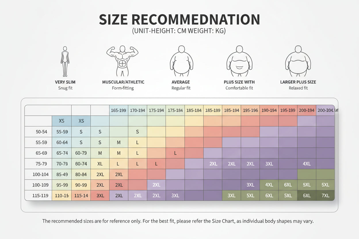 Size recommendation chart for jackets and vests with height and weight ranges.