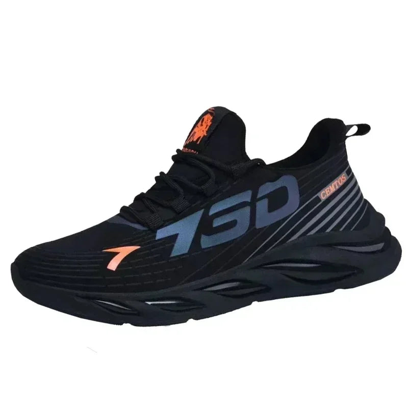 Black athletic shoe with orange and blue accents on a white background