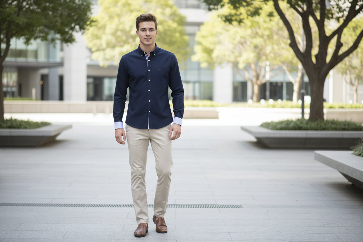 Dark blue dress shirt with white buttons on a light gray background