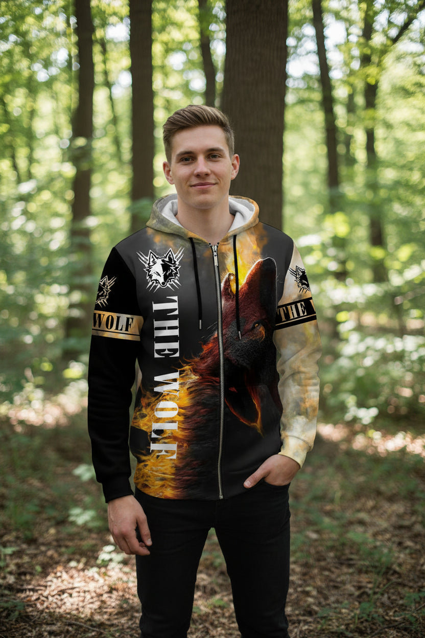 Hoodie with wolf design and 'The Wolf' text on a white background