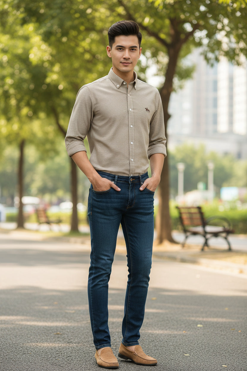 Folded brown checkered shirt with a logo on a white background